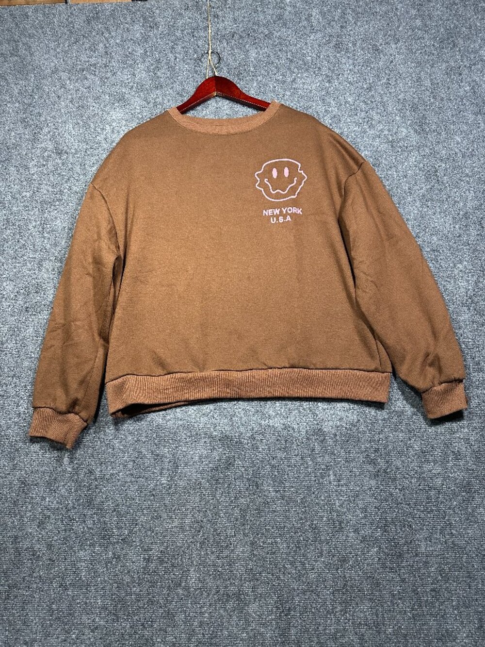 Sweatshirt Womens XL New York USA Smiley Face Brown Cotton Blend Rib Hem Cuffs